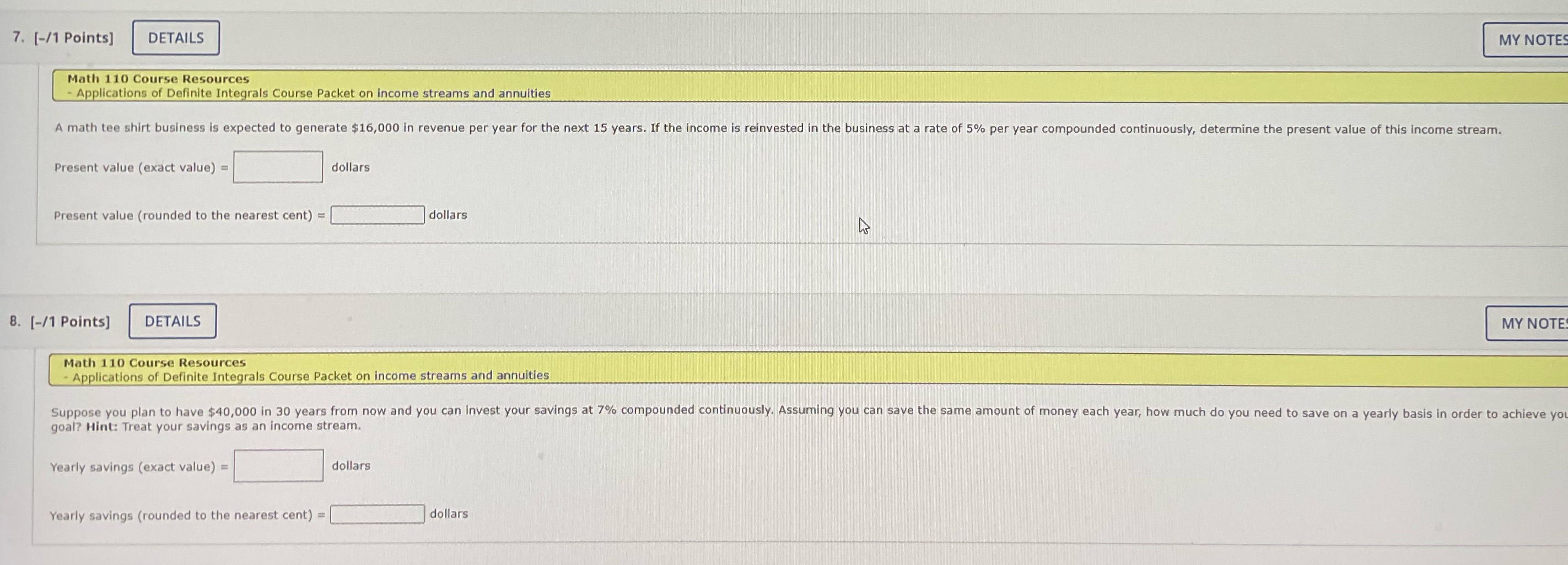 of Definite Integrals Course Packet on income streams and annuities A math