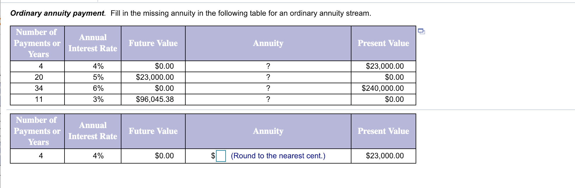 Ordinary annuity payment.Fill in the missing annuity in the following table