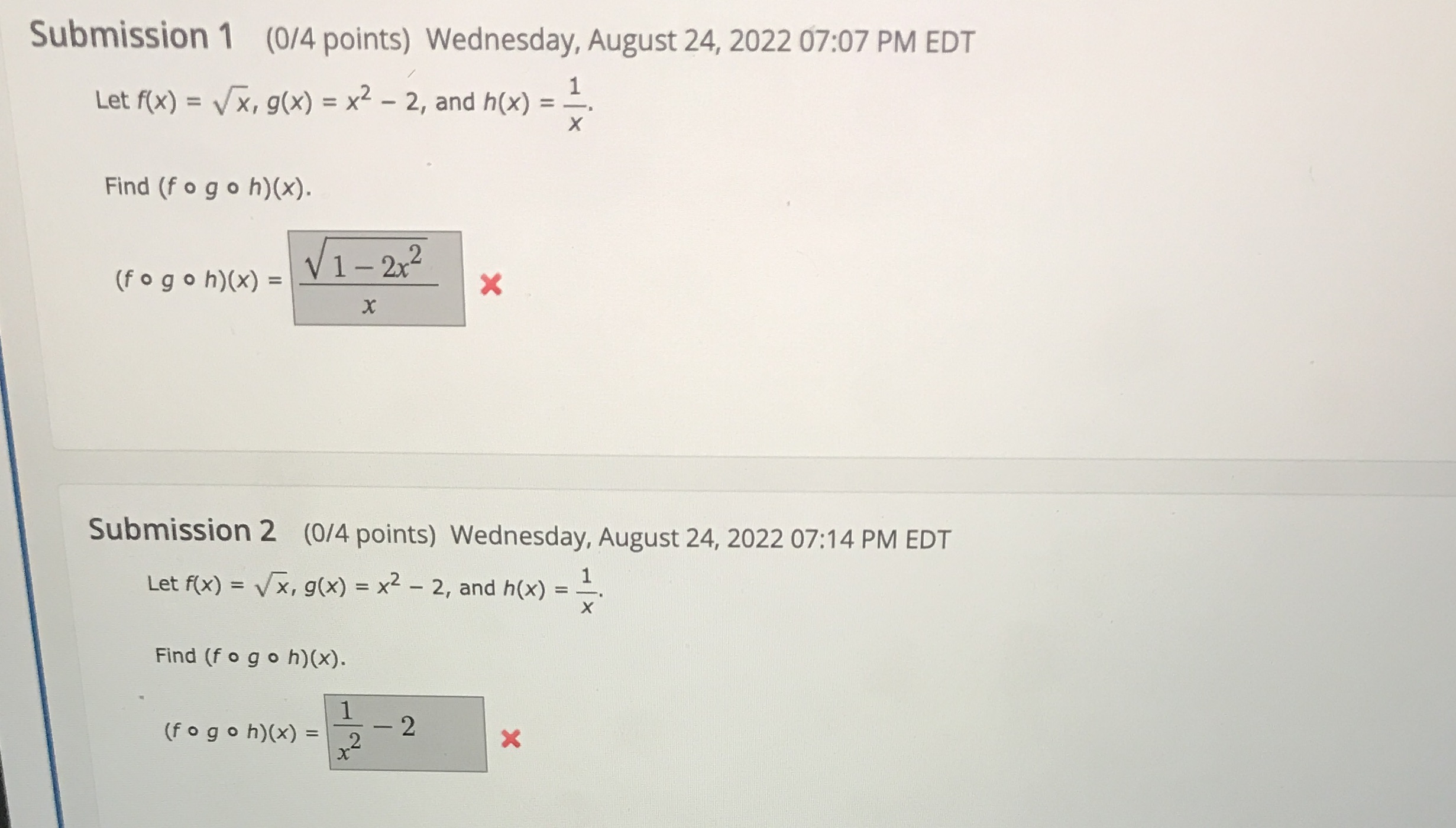 Let f(x) = vx, g(x) = x2 - 2, and h(x) =