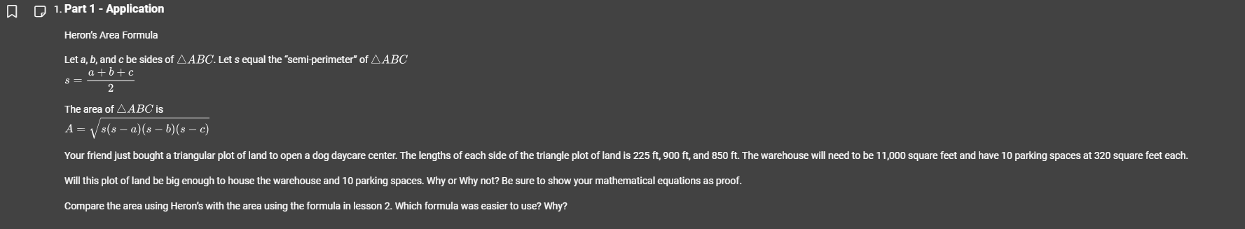 1. Part 1 - Application Heron's Area Formula Let a, b,