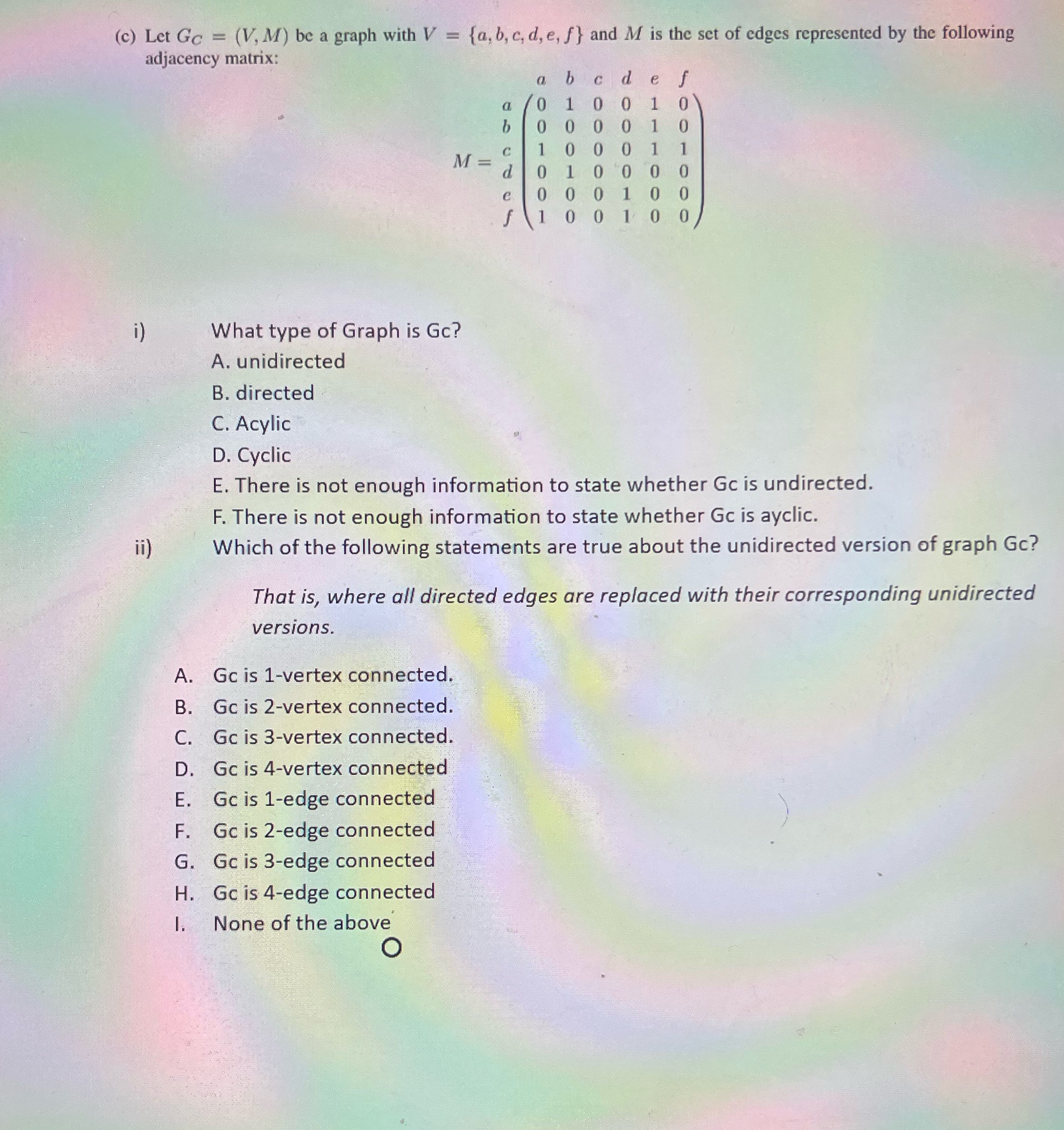 = {a, b, c, d, e, f} and M is the set