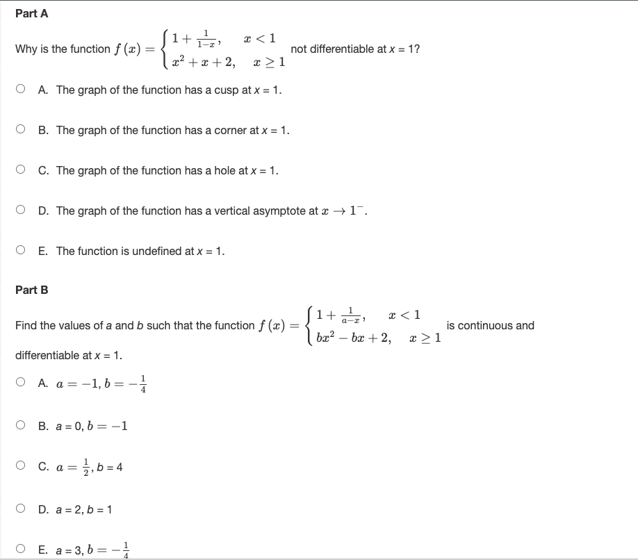 1, b=1 O D. a = 2, b=0 O E. a =