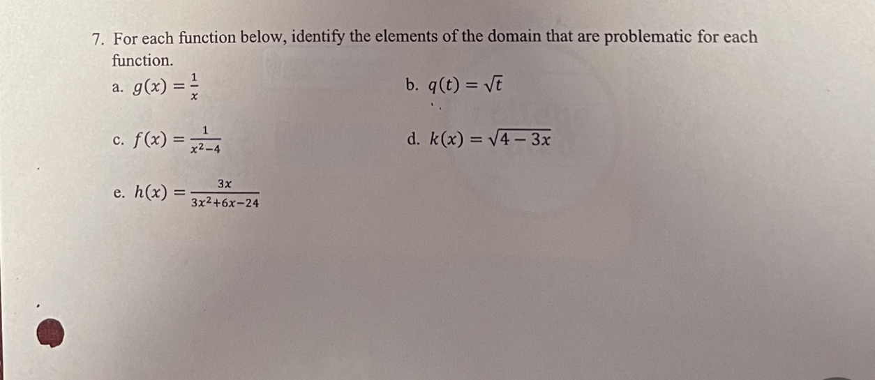 that are problematic for each function. a. g(x) = 1 b. q