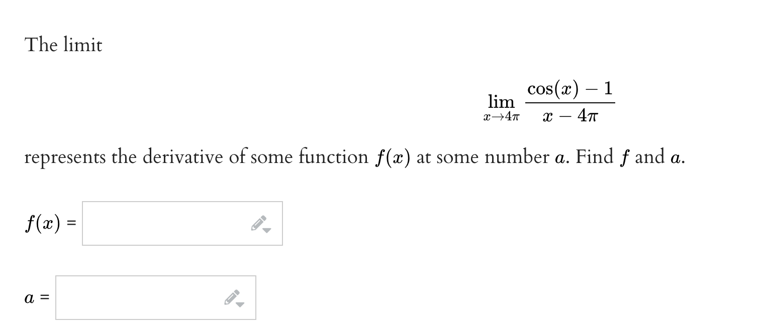 The limit cos (a) - 1 lim 2 - 4TT represents