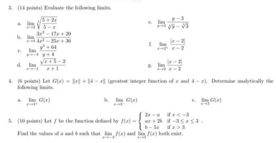 Solve the ff. 3. (14 points) Evaluate the following limits. 5+