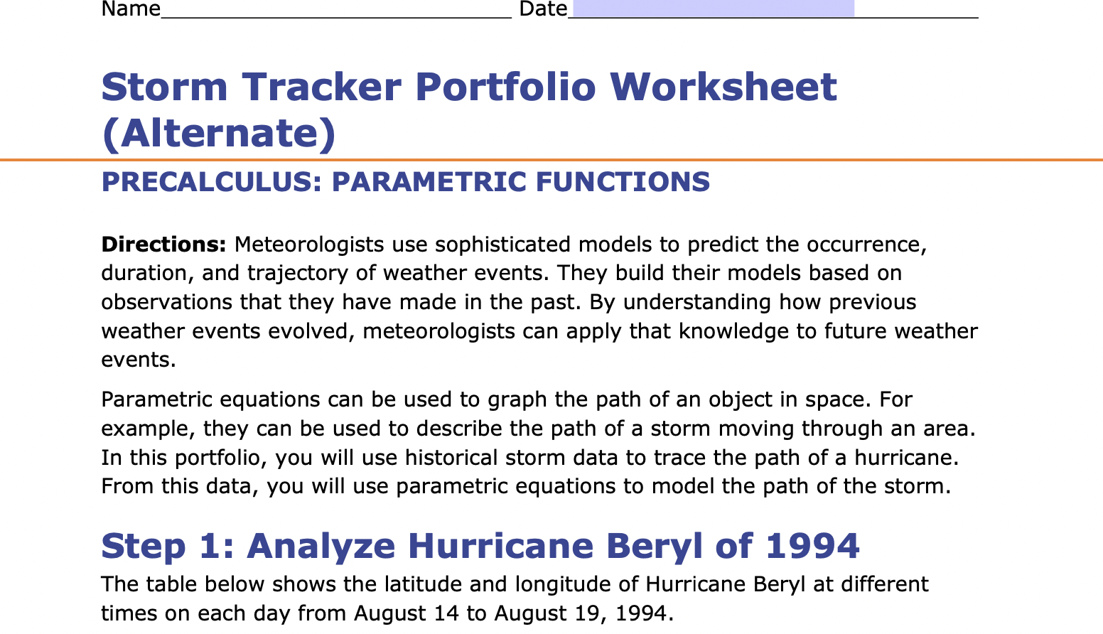 Name Date Storm Tracker Portfolio Worksheet (Alternate) PRECALCULUS: PARAMETRIC FUNCTIONS Directions: