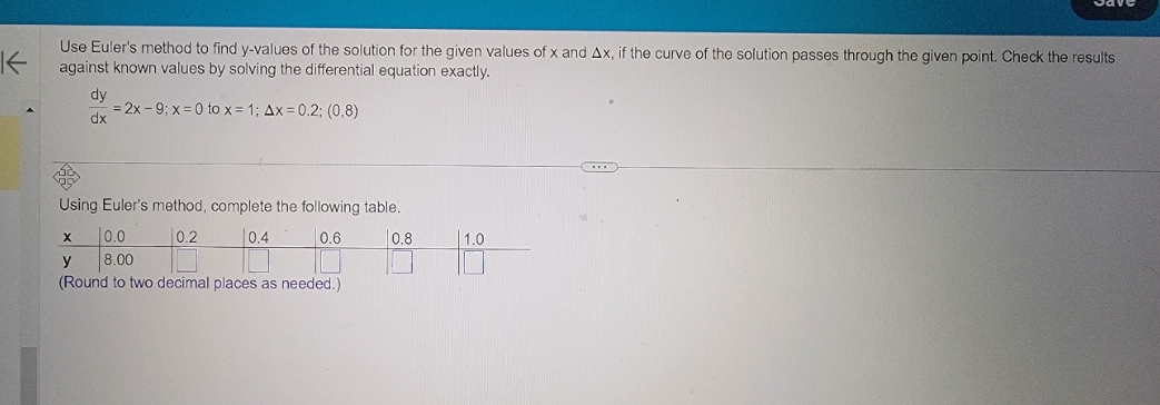  using Euless method complete the following table Use Euler's method to