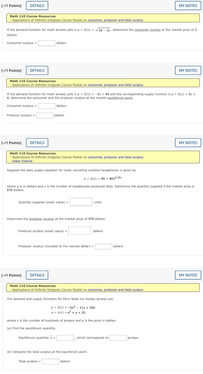  [-/1 Points] DETAILS MY NOTES Math 110 Course Resources - Applications