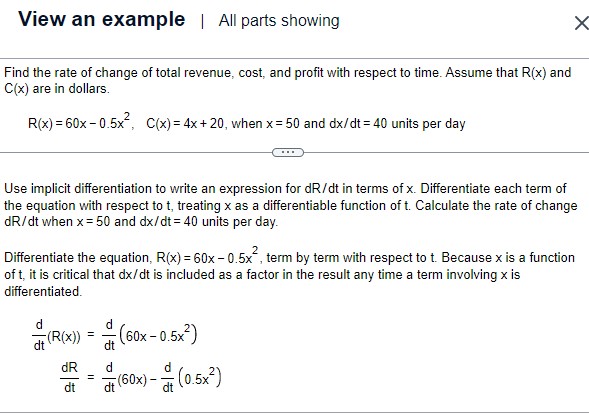 rate of change dR/dt when x =50 and dx/dt = 40 units