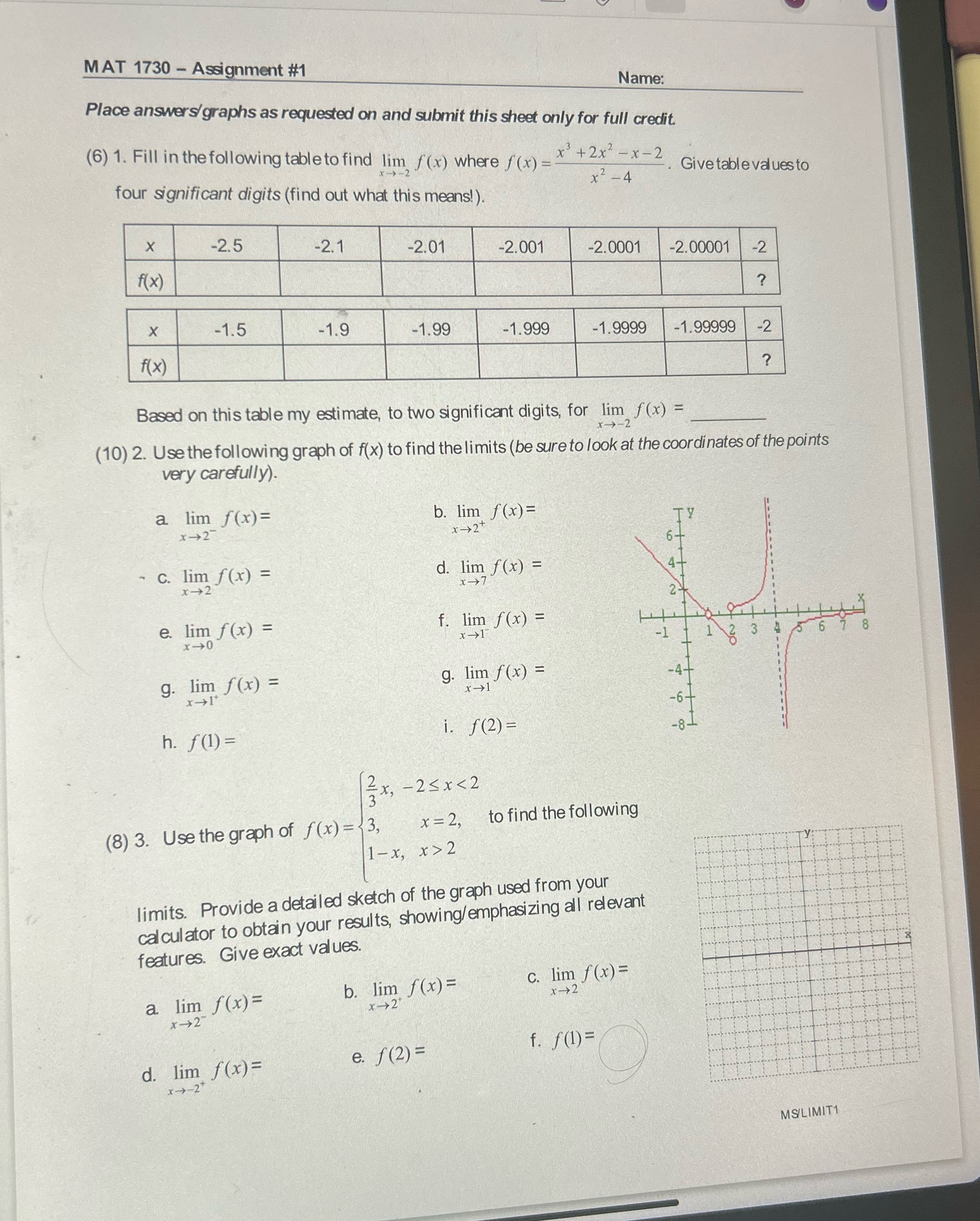 See worksheet for problems MAT 1730 - Assignment #1 Name: Place