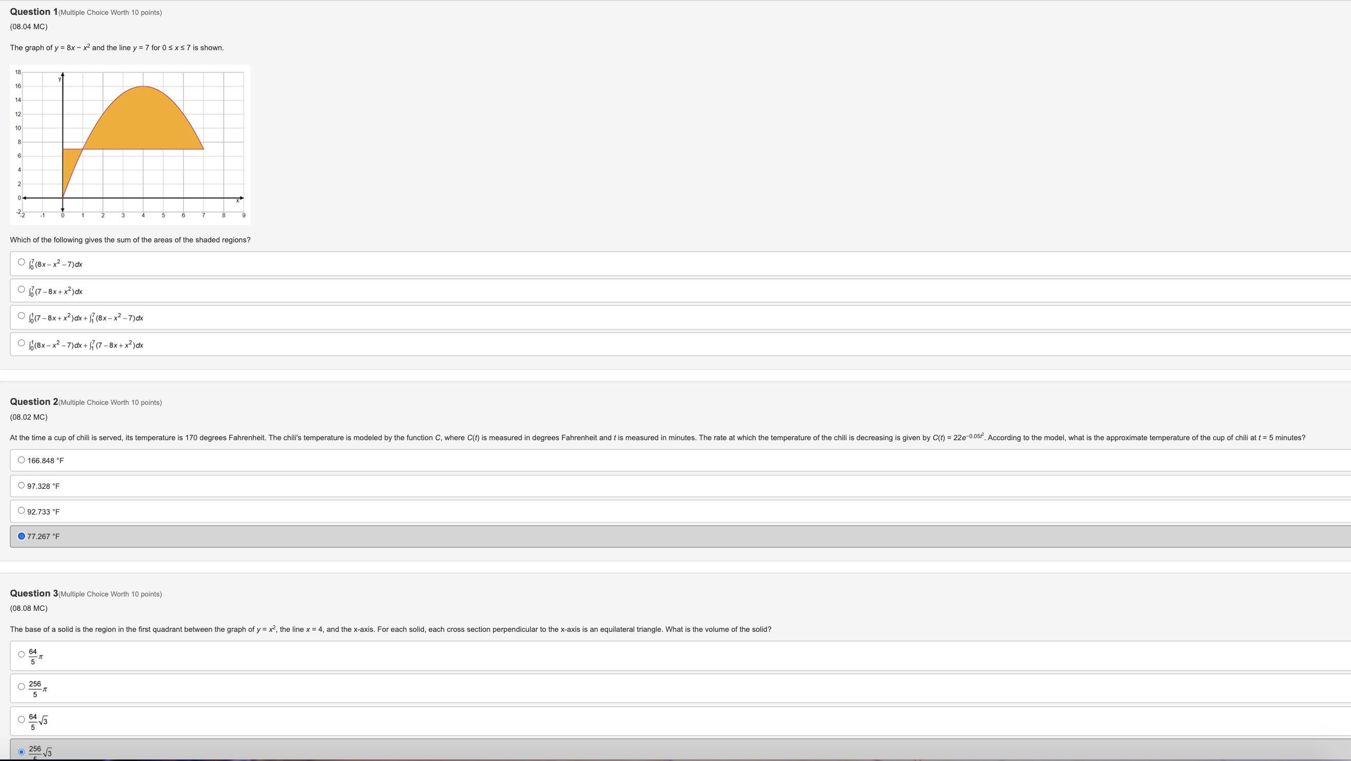 y = 8x - x2 and the line y = 7 for