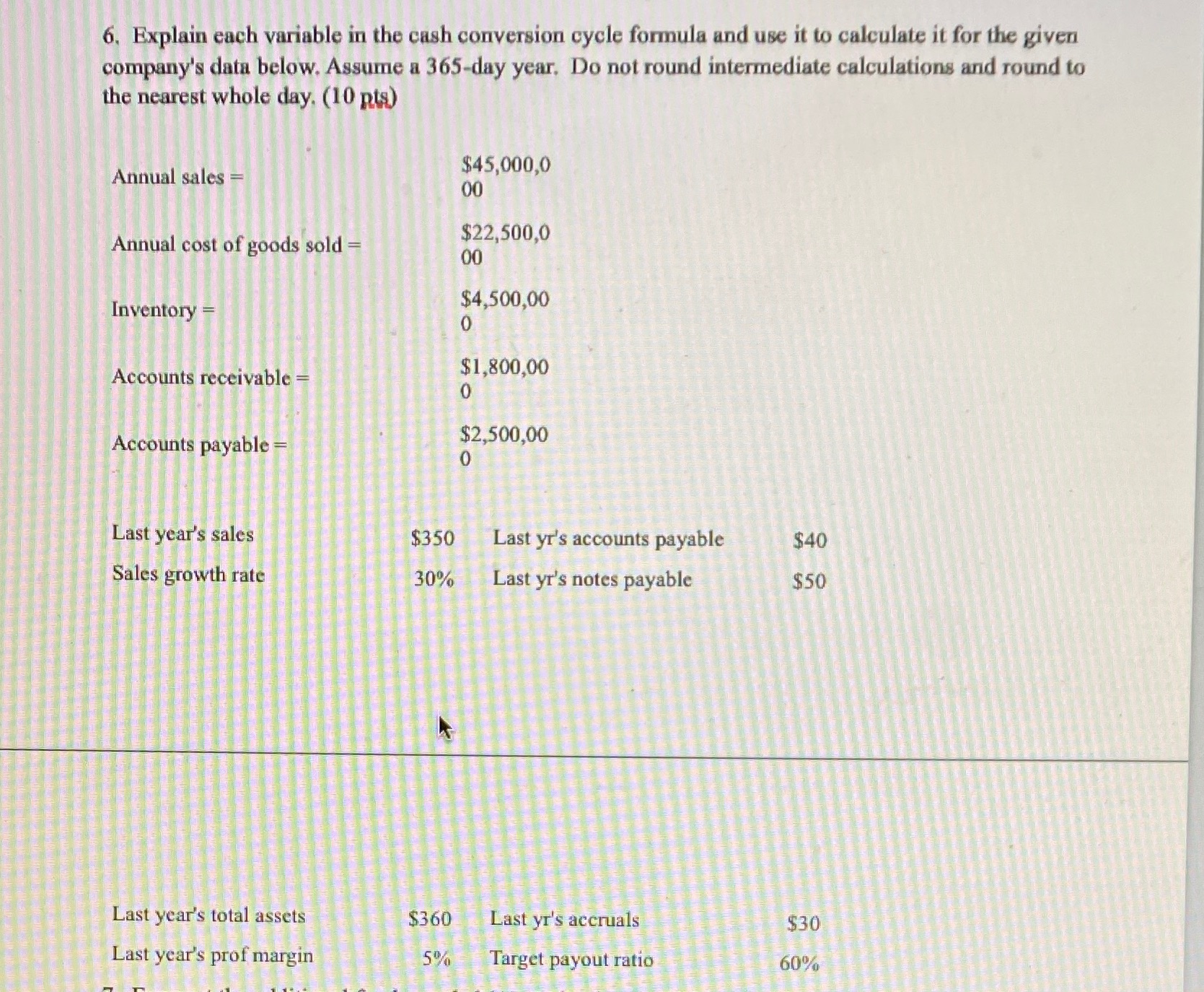  6. Explain each variable in the cash conversion cycle formula and