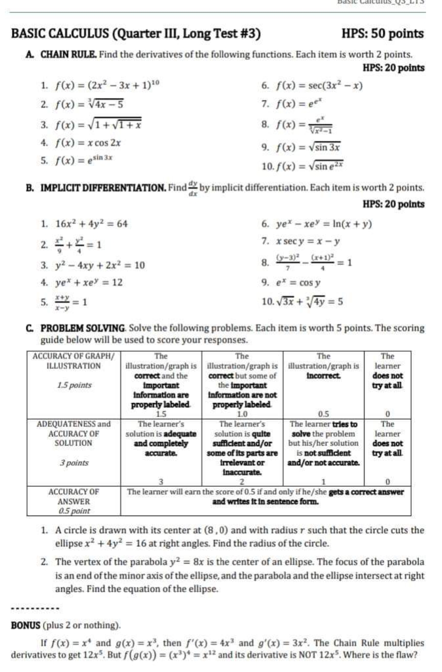 CHAIN RULE. Find the derivatives of the following functions. Each item is