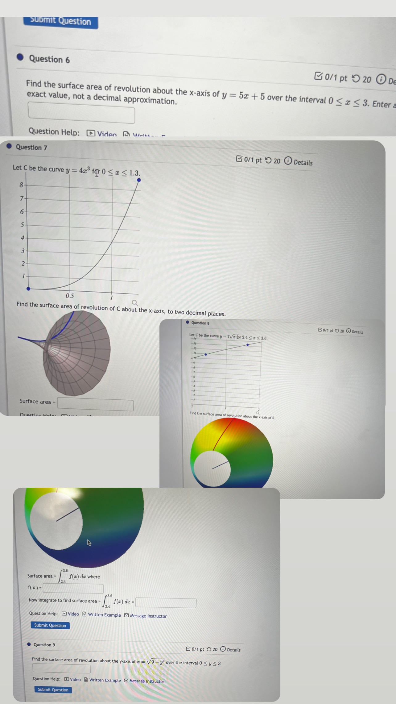 the surface area of revolution about the x-axis of y = 5x