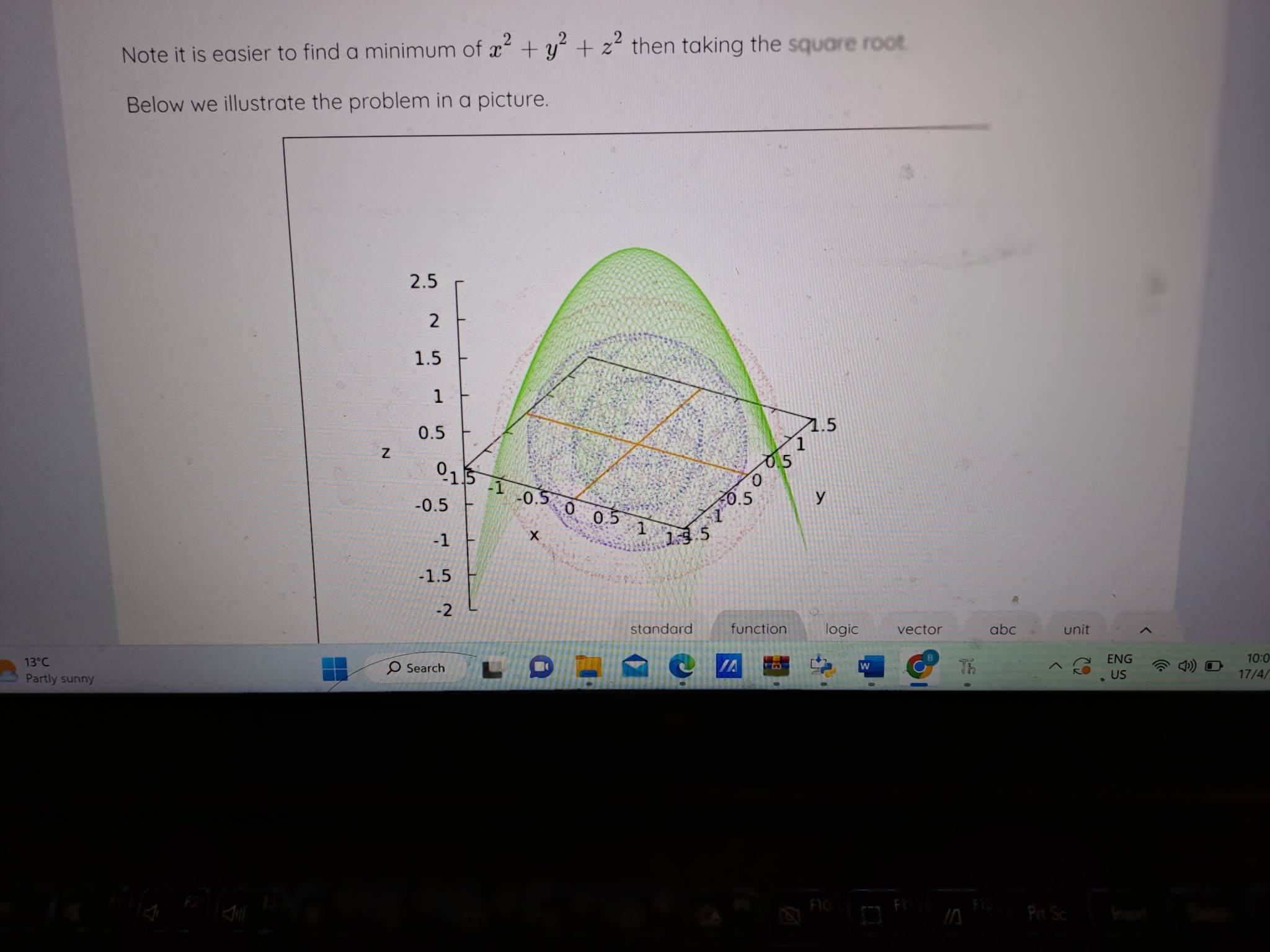 -0)2 + (1-0)3 + (=-0)?=1/12+32+22 Find the minimum distance from the surface