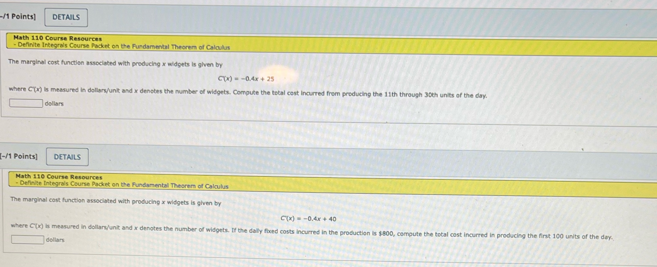  /1 Points] DETAILS Math 110 Course Resources Definite Integrals Course Packet