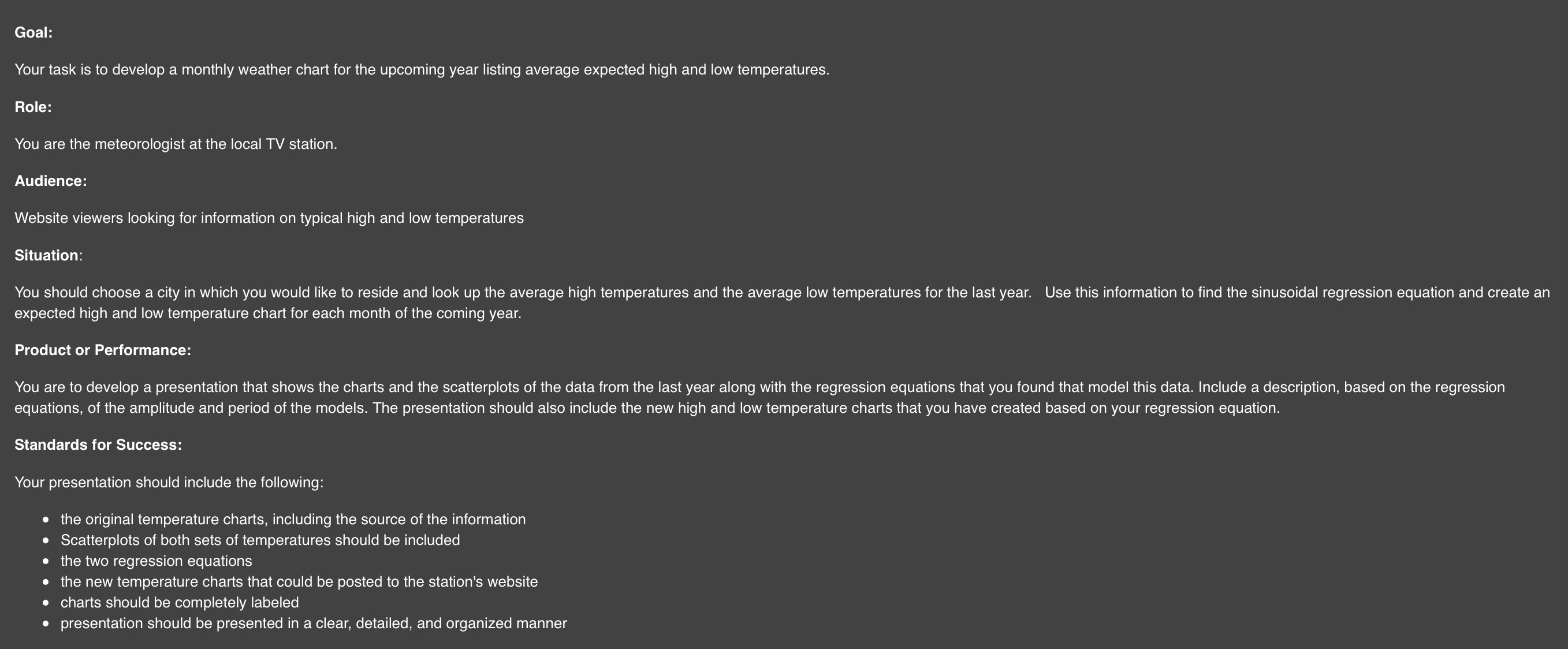  Goal: Your task is to develop a monthly weather chart for