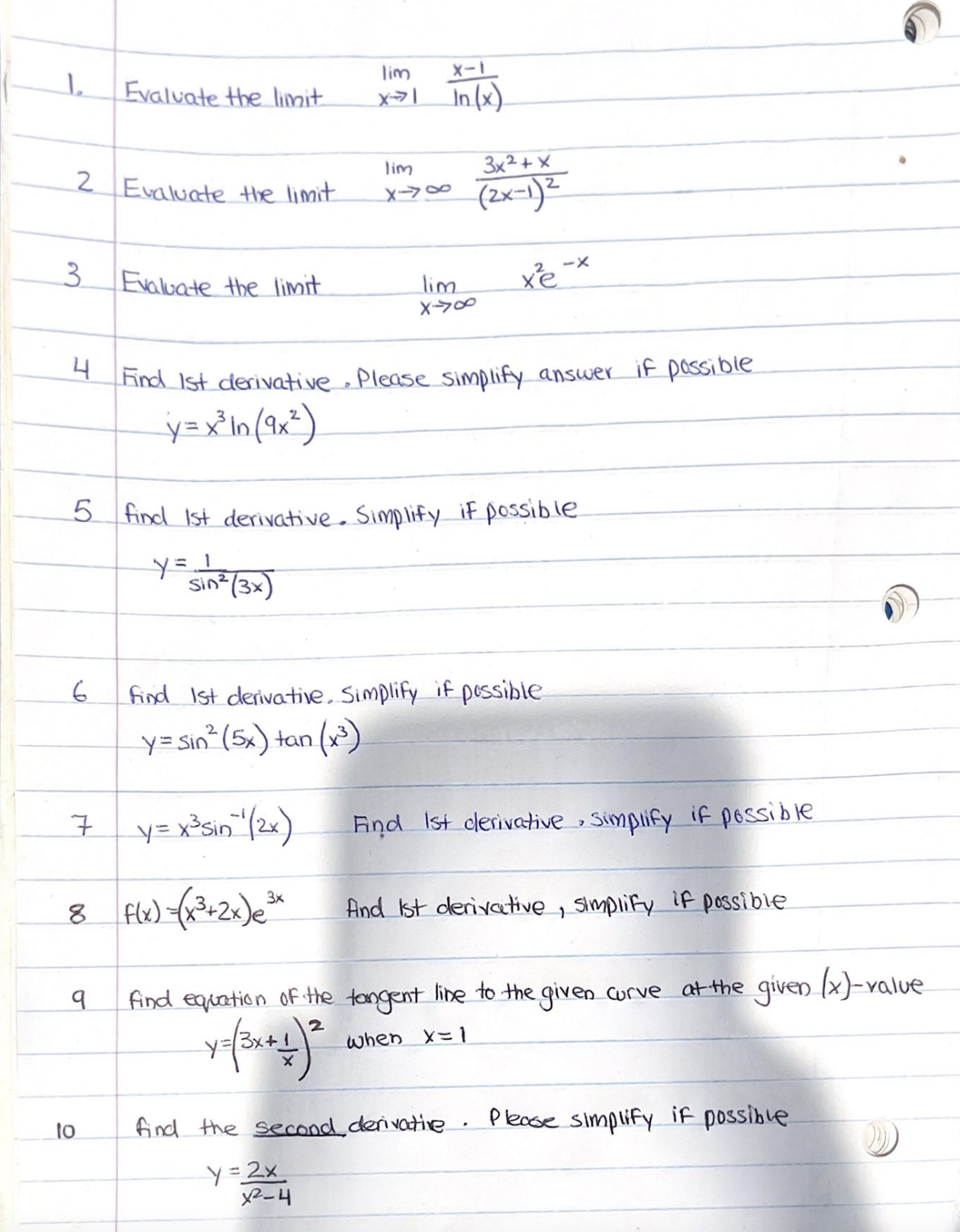 Please simplify answer if possible y= x In ( 9 x 2