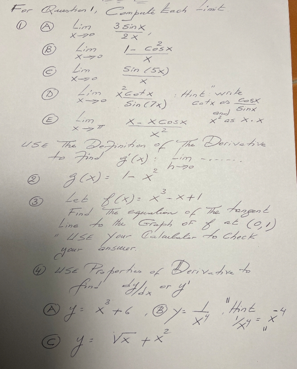 For Question!, Compute Each Limit A Lim 3 sin X X