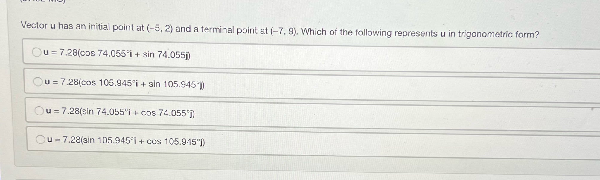terminal point at (-7, 9). Which of the following represents u in