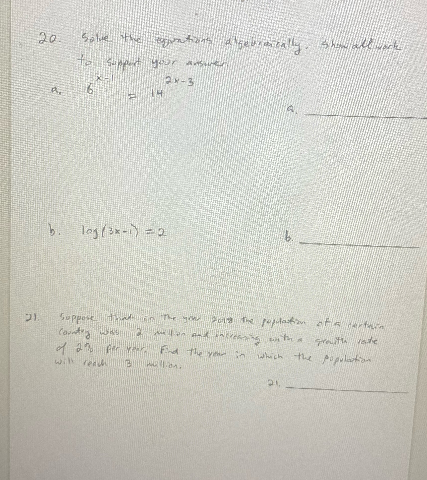 20. Solve the equations algebraically. show all work support your answer.