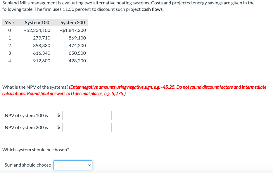 Sunland Mills management is evaluating two alternative heating systems. Costs and