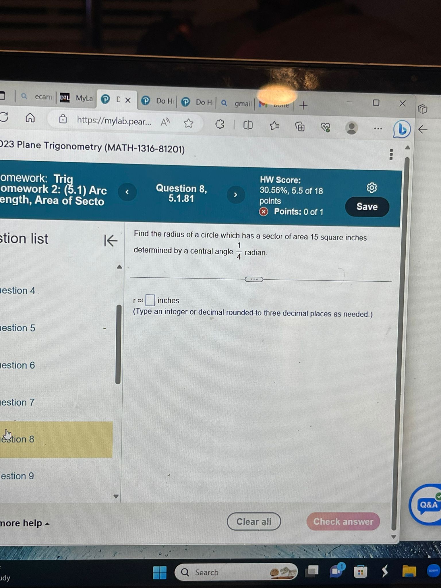 (MATH-1316-81201) rig HW Score: (5.1) Arc Question 16, 30.56%, 5.5 of 18