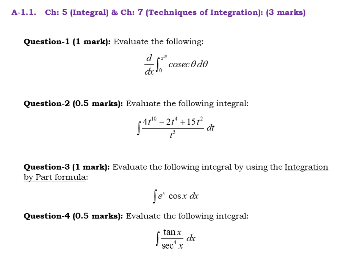 1512 dt Question-3 (1 mark): Evaluate the following integral by using the