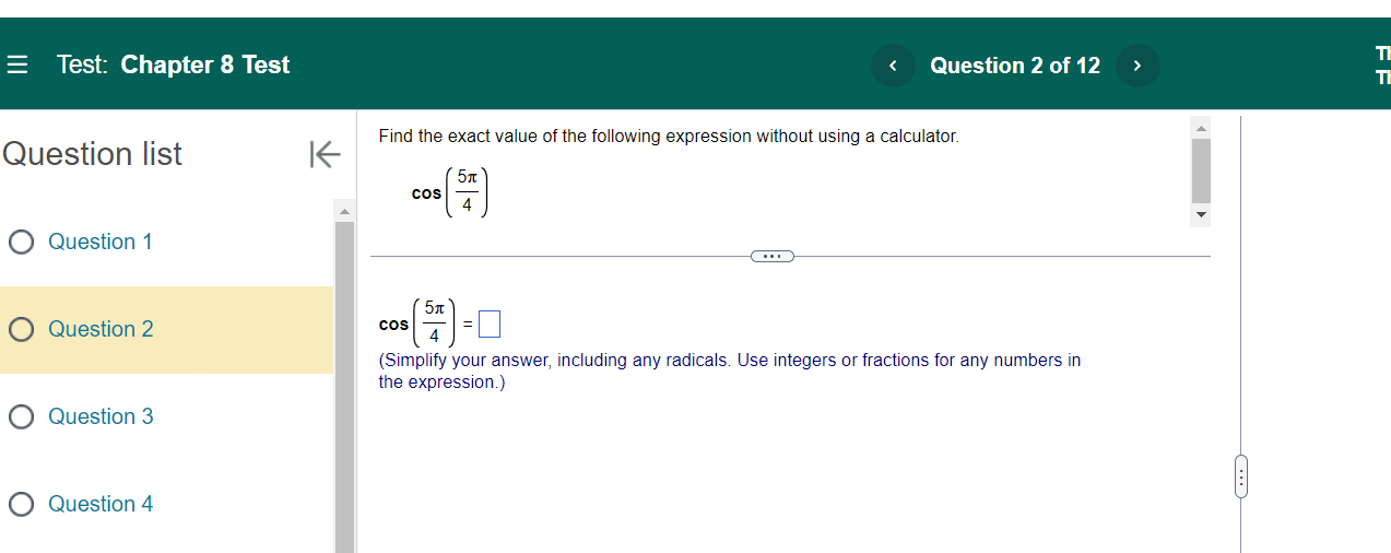 exact value of the following expression without using a calculator. cos O