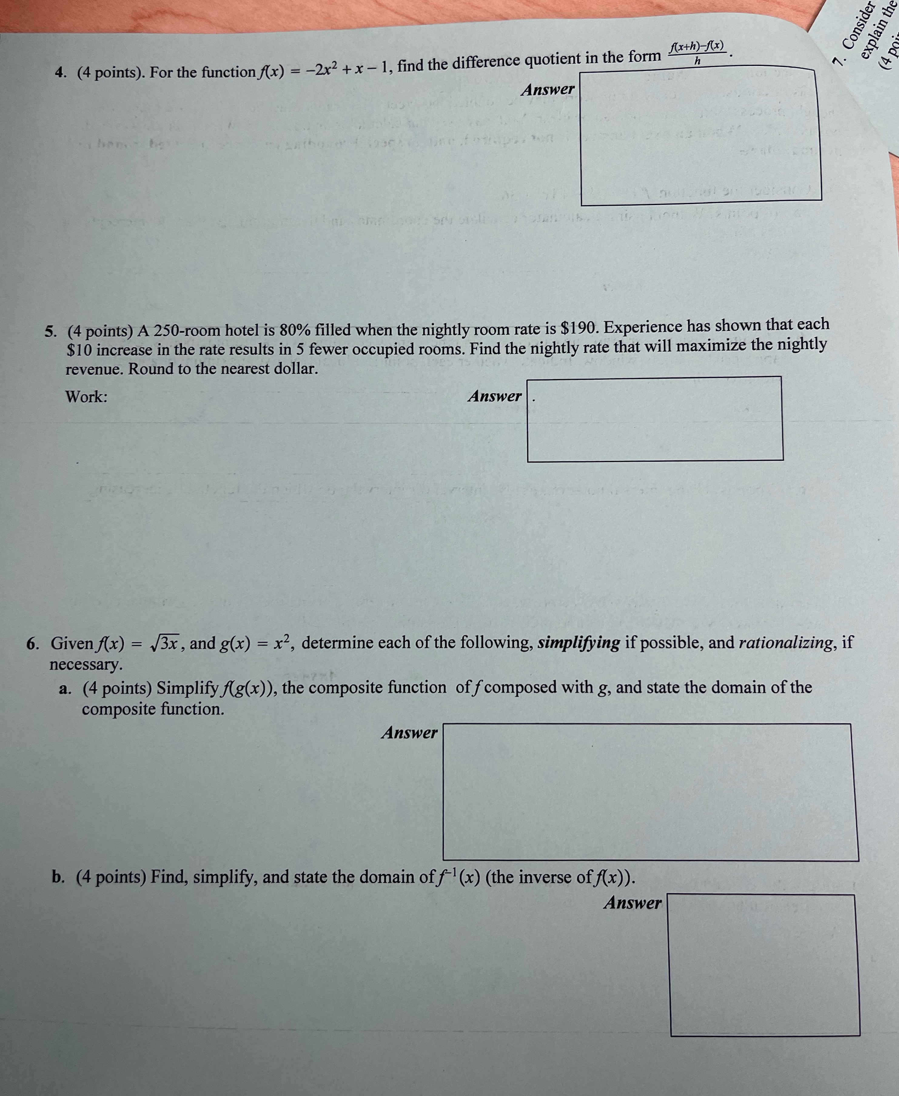  7. Consider explain t 4. (4 points). For the function f(x)