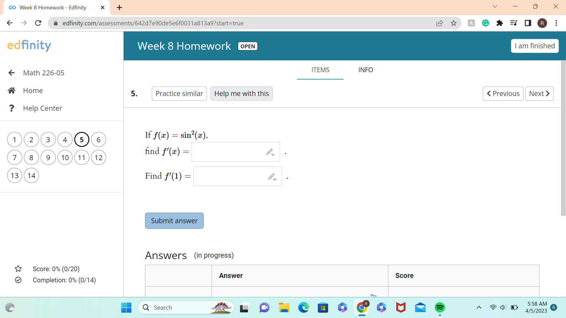then f' (ac) = Submit answer Score: 0% (0/20) Answers (in progress)