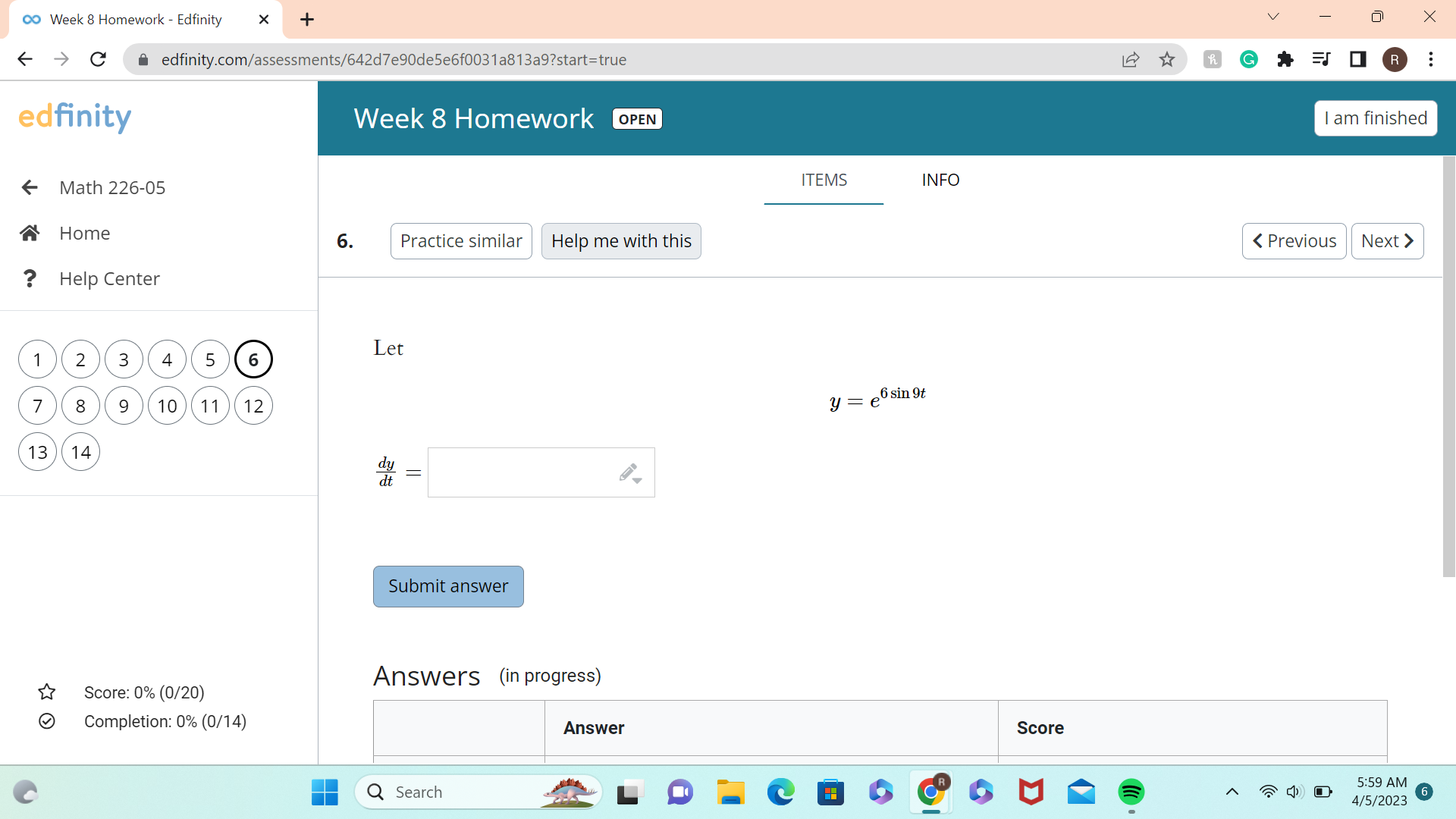 O Completion: 0% (0/14) Answer Score Q Search 5:58 AM 6 4/5/2023co