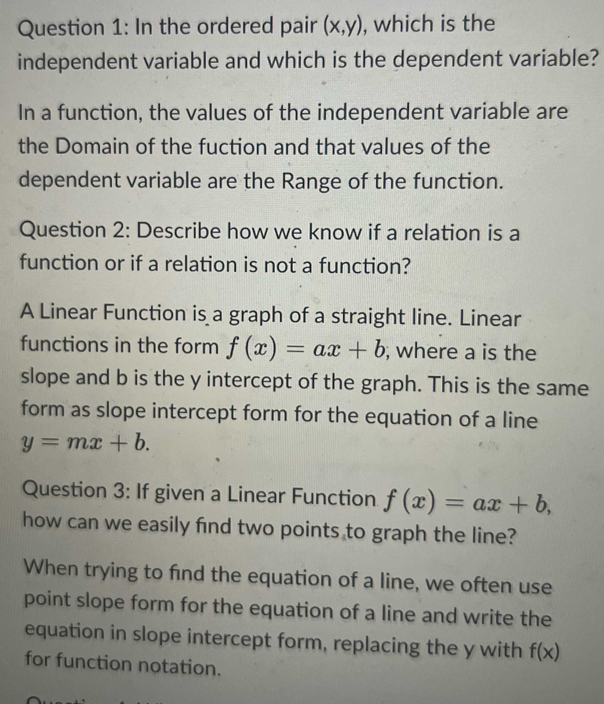 Question 1: In the ordered pair (x,y), which is the independent