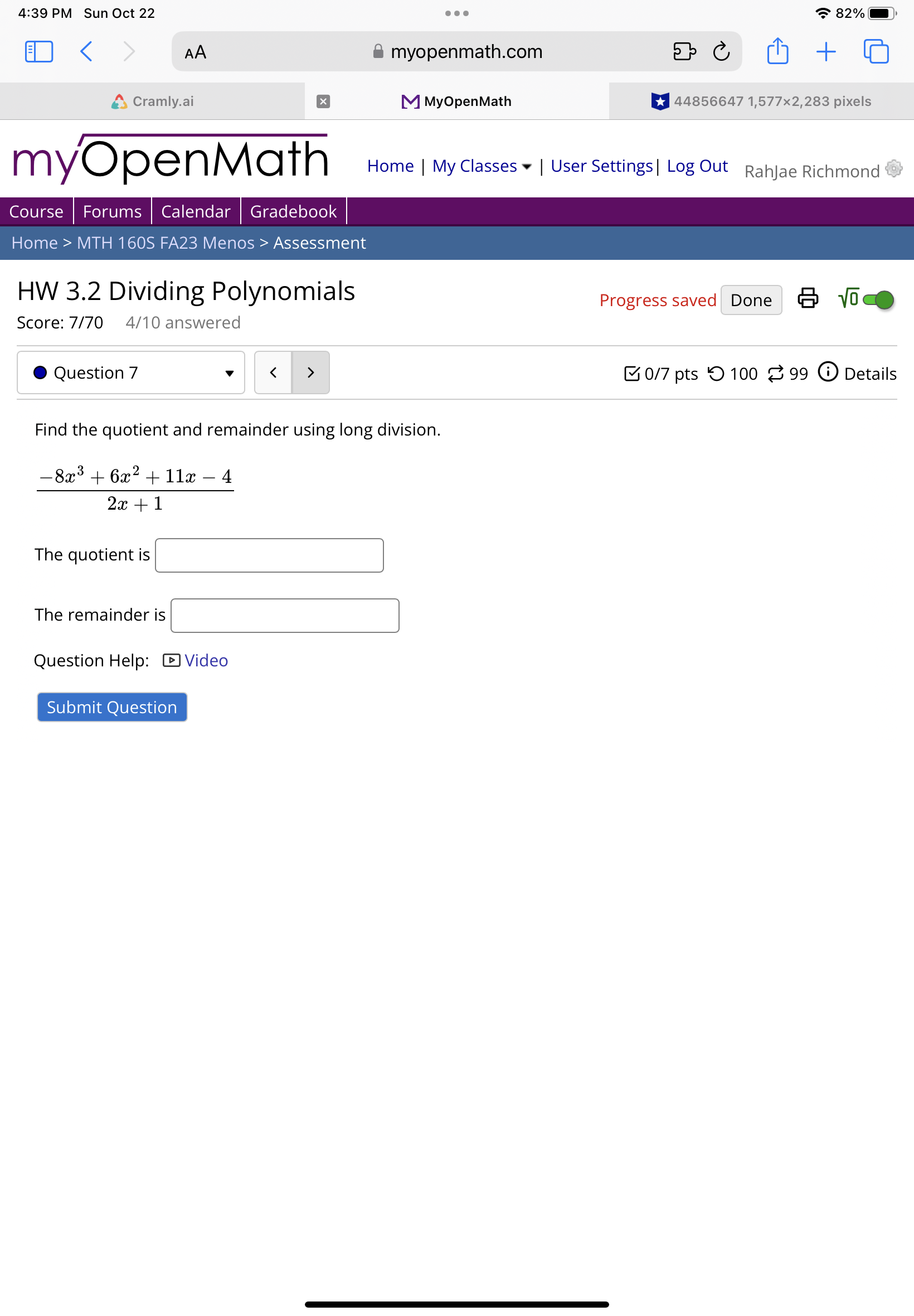 4/10 answered X Question 2 0/7 pts ' 99 99 0 Details