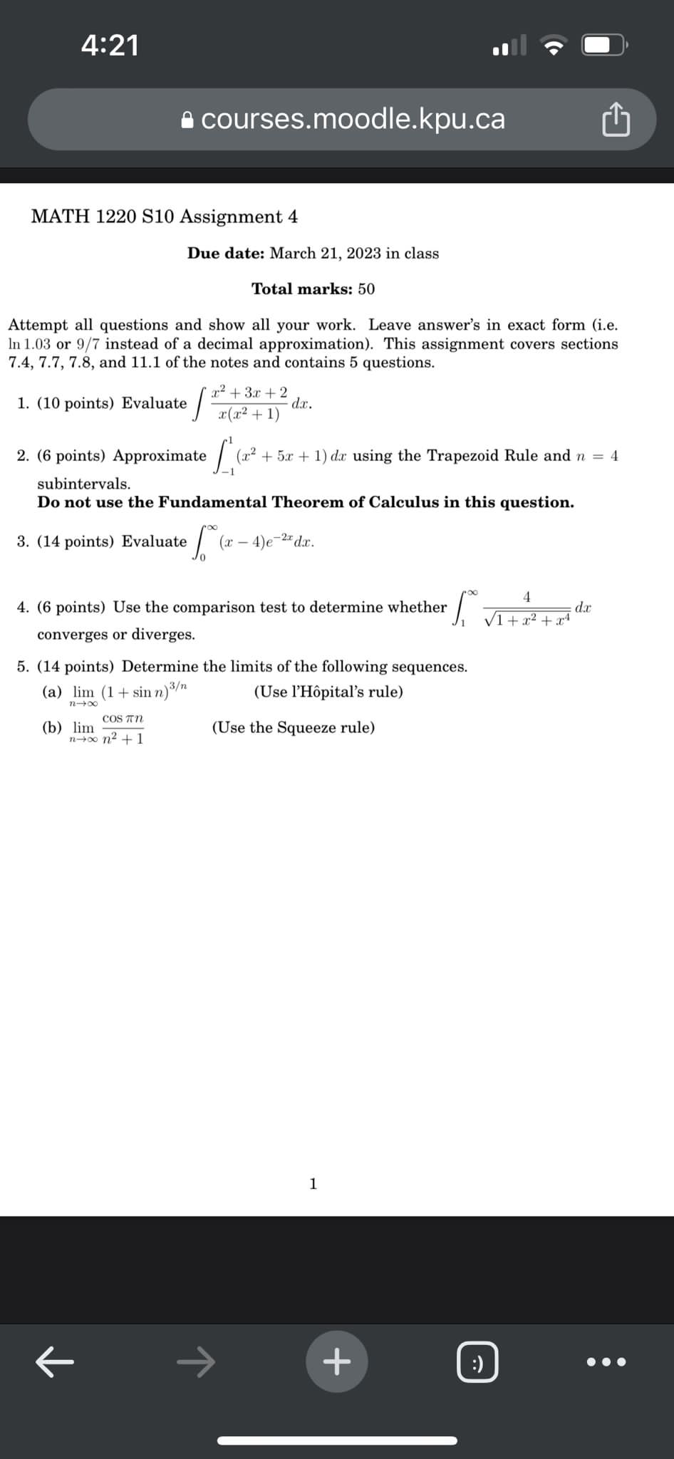 4:21 a courses.moodle.kpu.ca MATH 1220 S10 Assignment 4 Due date: March