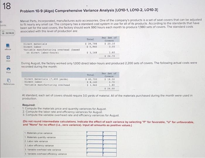  Problem 10-9 (Algo) Comprehensive Variance Analysis [LO10-1, LO10-2, LO10-3] Marvel Parts,