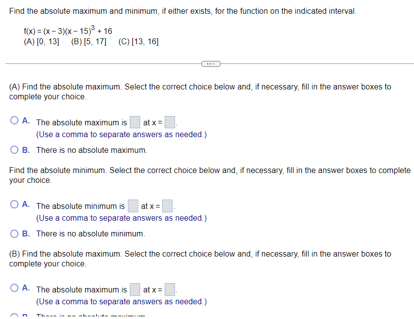 absolute maximum. Select the correct choice below and, if necessary, fill in