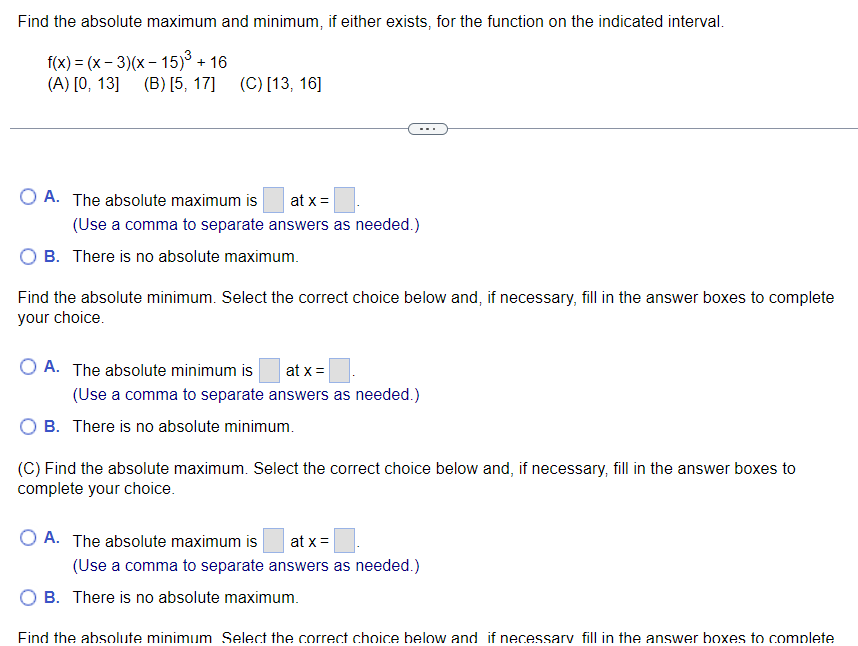 the answer boxes to complete your choice O A. The absolute maximum