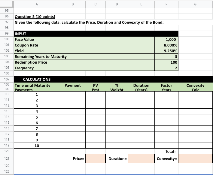 (10 points) 97 Given the following data, calculate the Price, Duration and