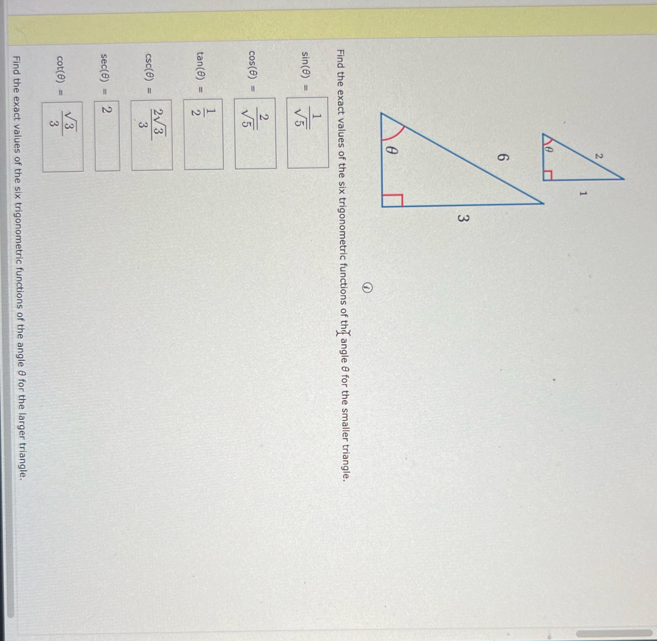 values of the six trigonometric functions of the angle O for the