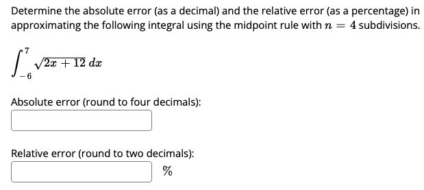 relative error (as a percentage) in approximationg the following integral using Simpson's
