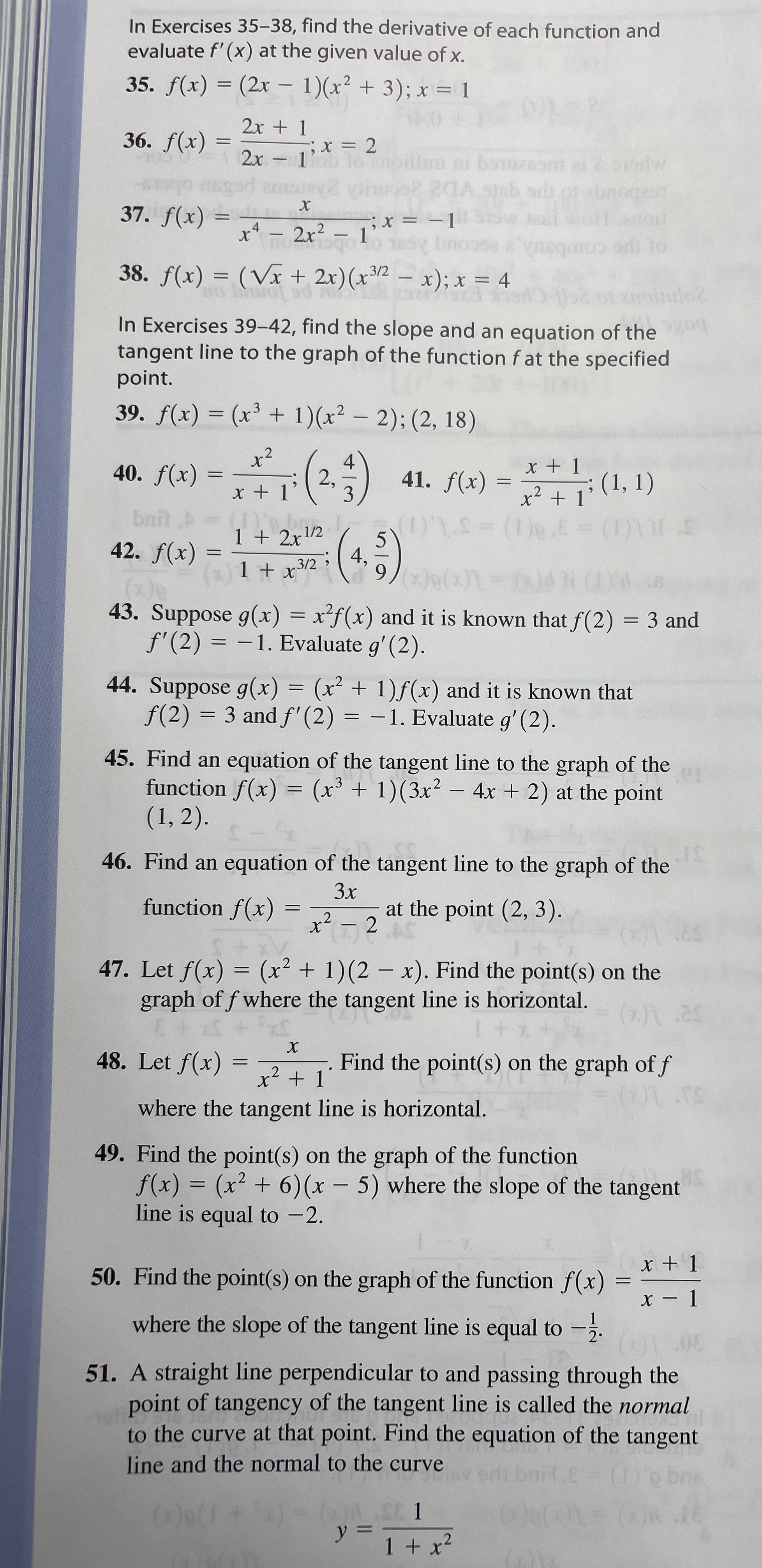  In Exercises 35-38, find the derivative of each function and evaluate