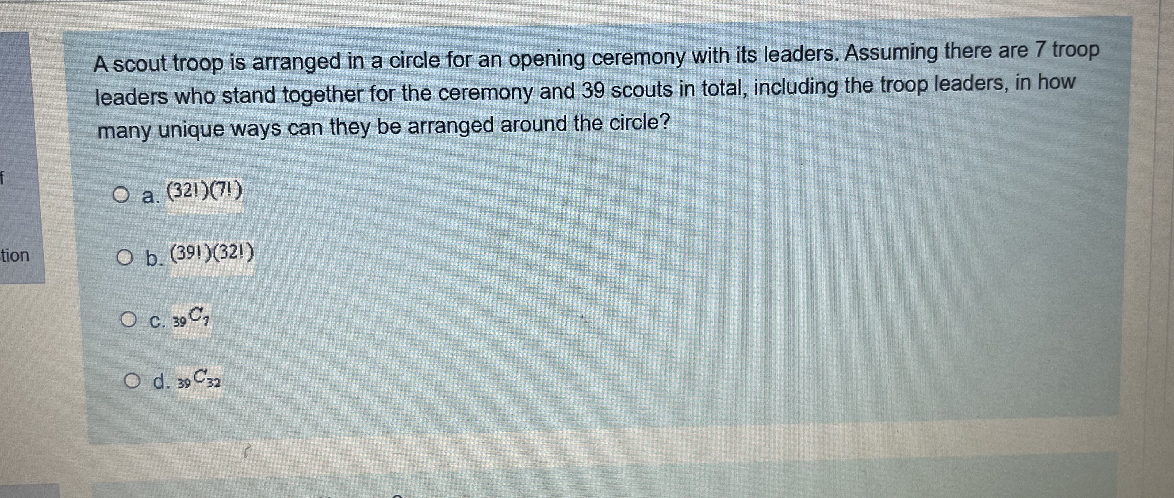 there are 7 troop leaders who stand togetherforfthe ceremony and 39 scouts