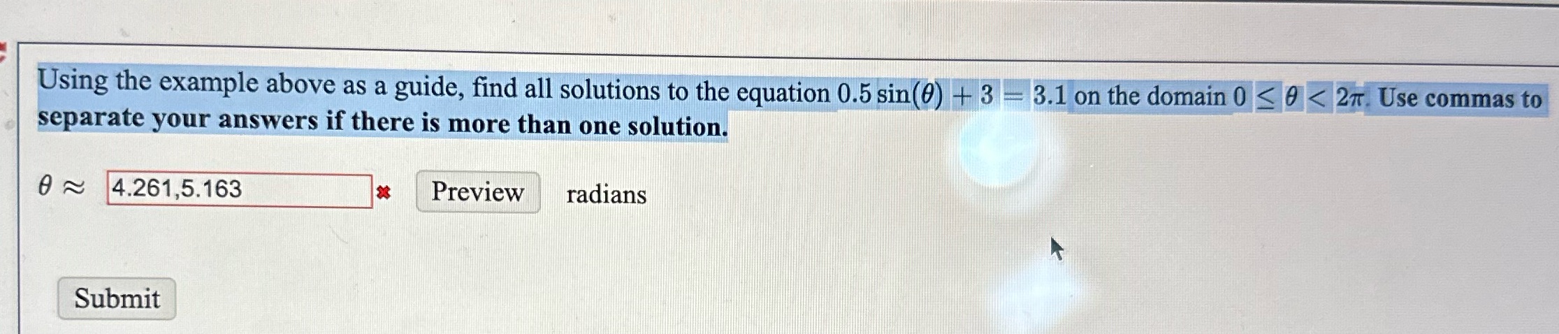 the equation 0.5 sin(0) + 3 - 3.1 on the domain 0