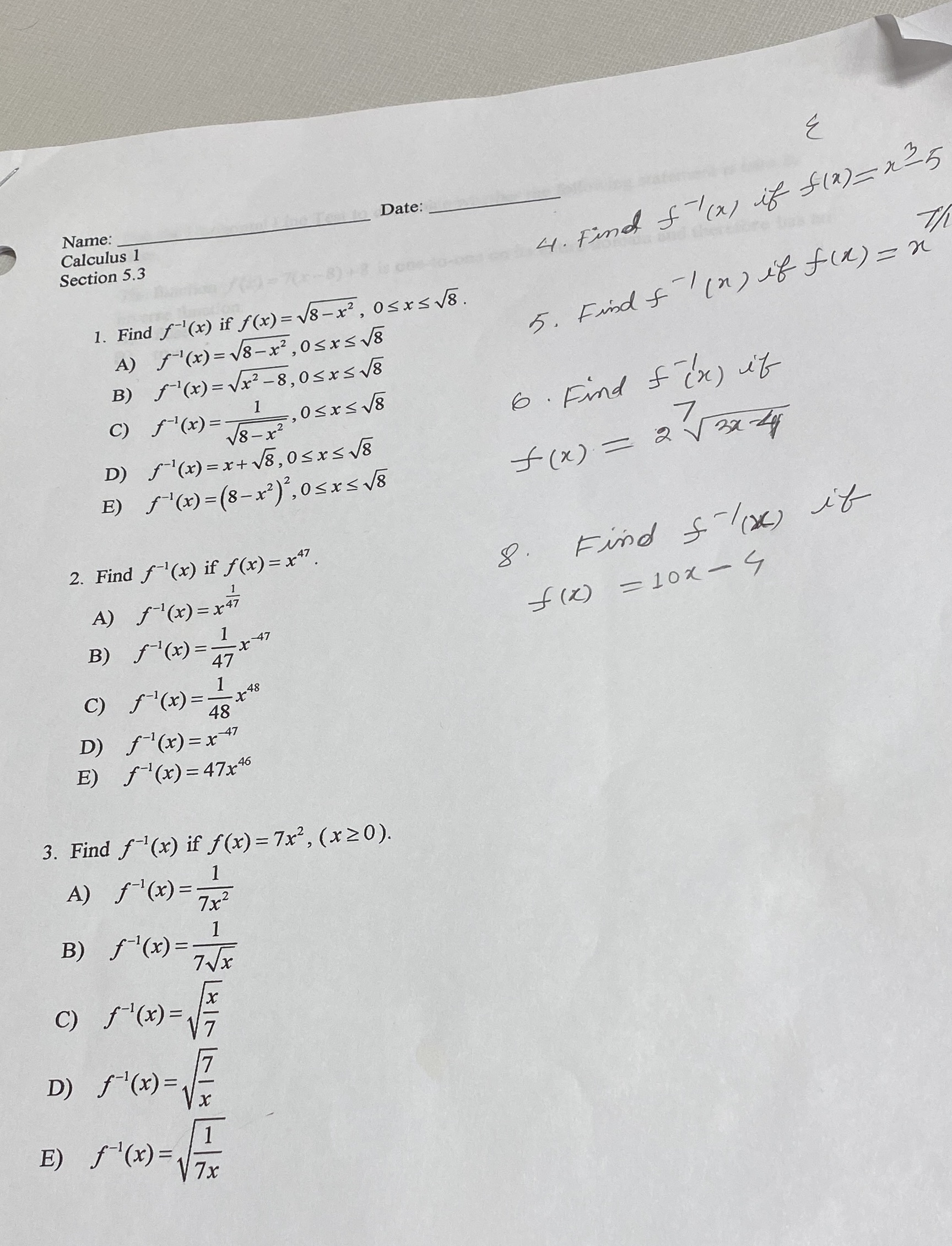 Name: Calculus 1 Section 5.3 Date: 1. Find f-l(x) osxsv. A) f-l(x)