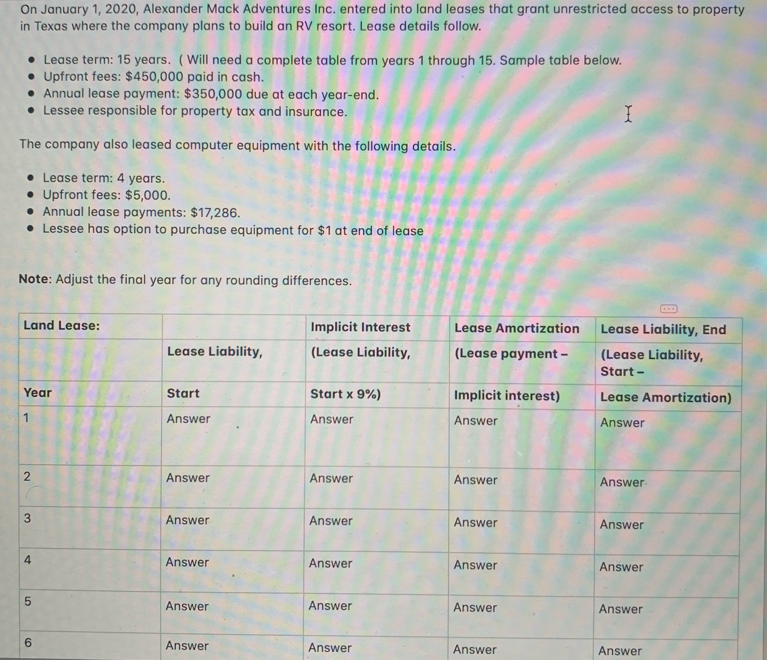 solutions for years 1 through 15 of land leases. On January 1,