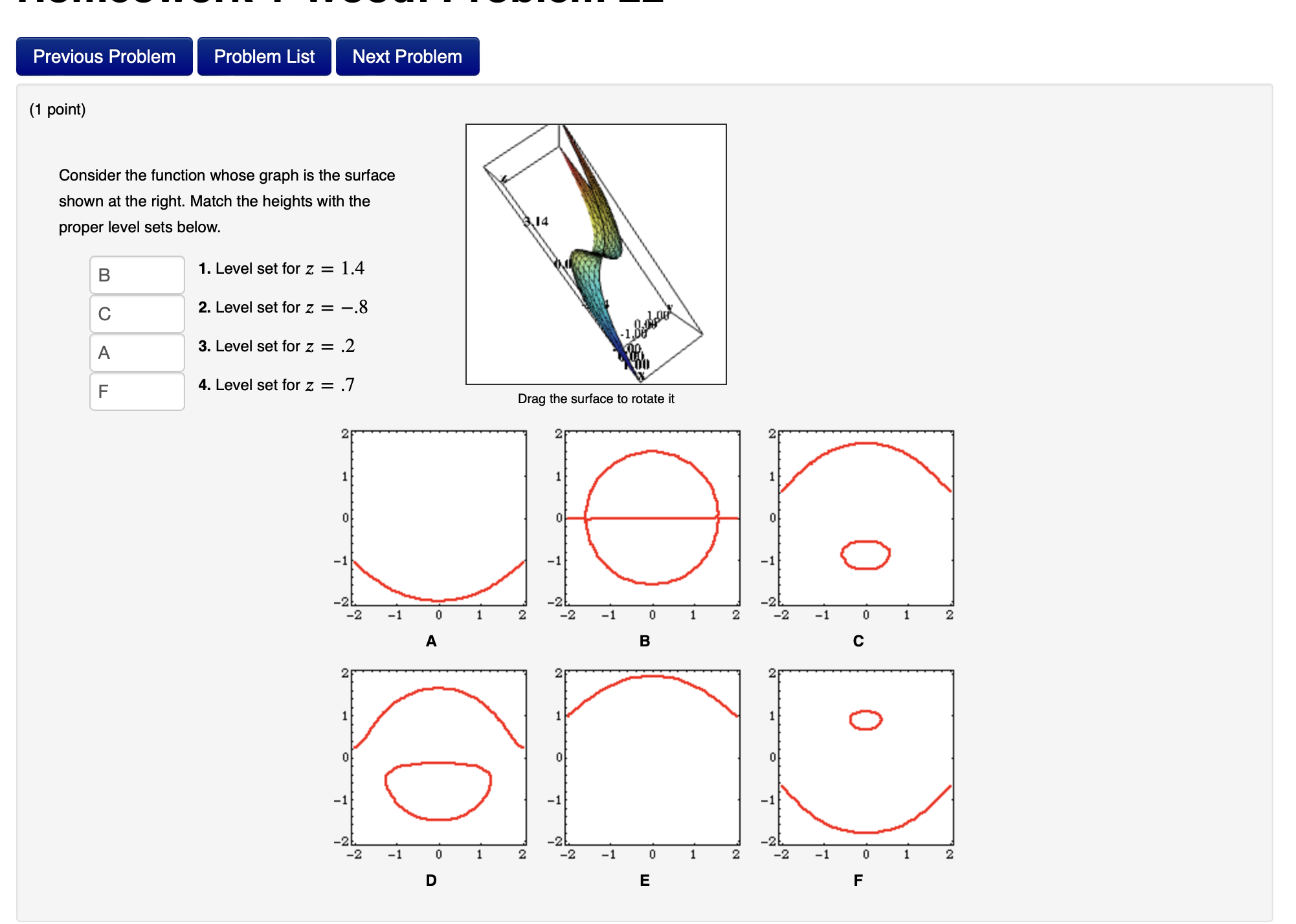 whose graph is the surface shown at the right. Match the heights