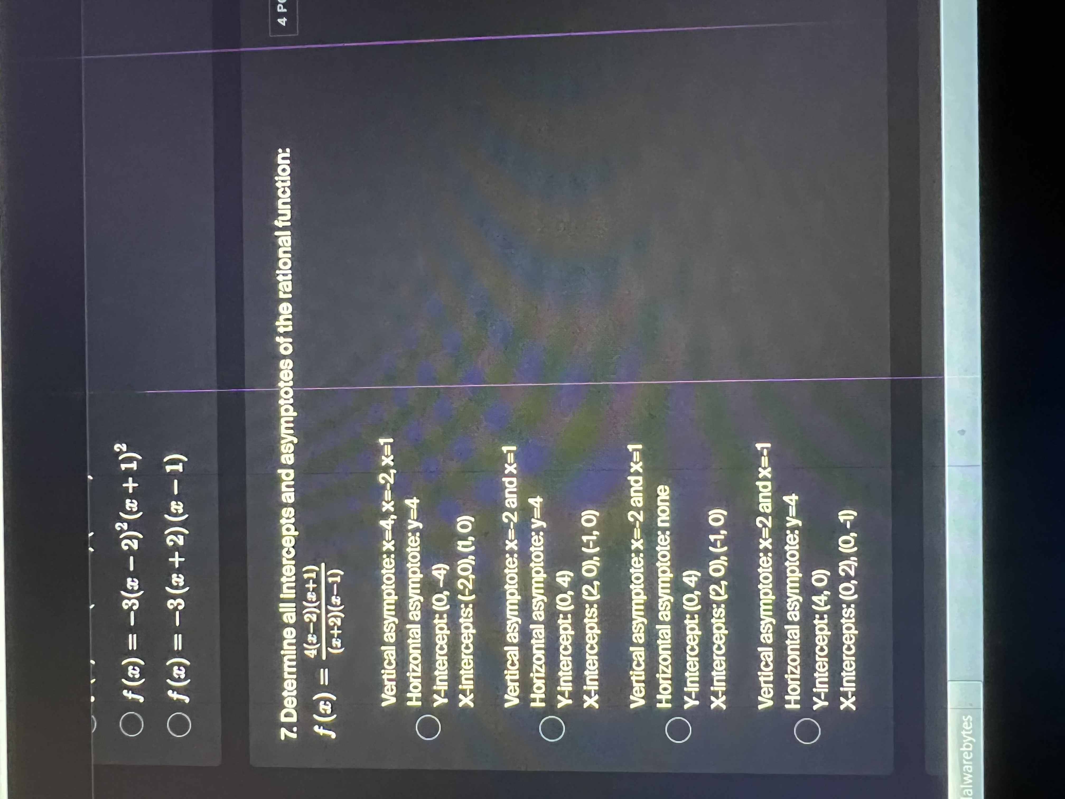 function: 4 P f(a) = 4(x-2)(2+1) (+2)(2-1) Vertical asymptote: x=4, x=-2, x=1