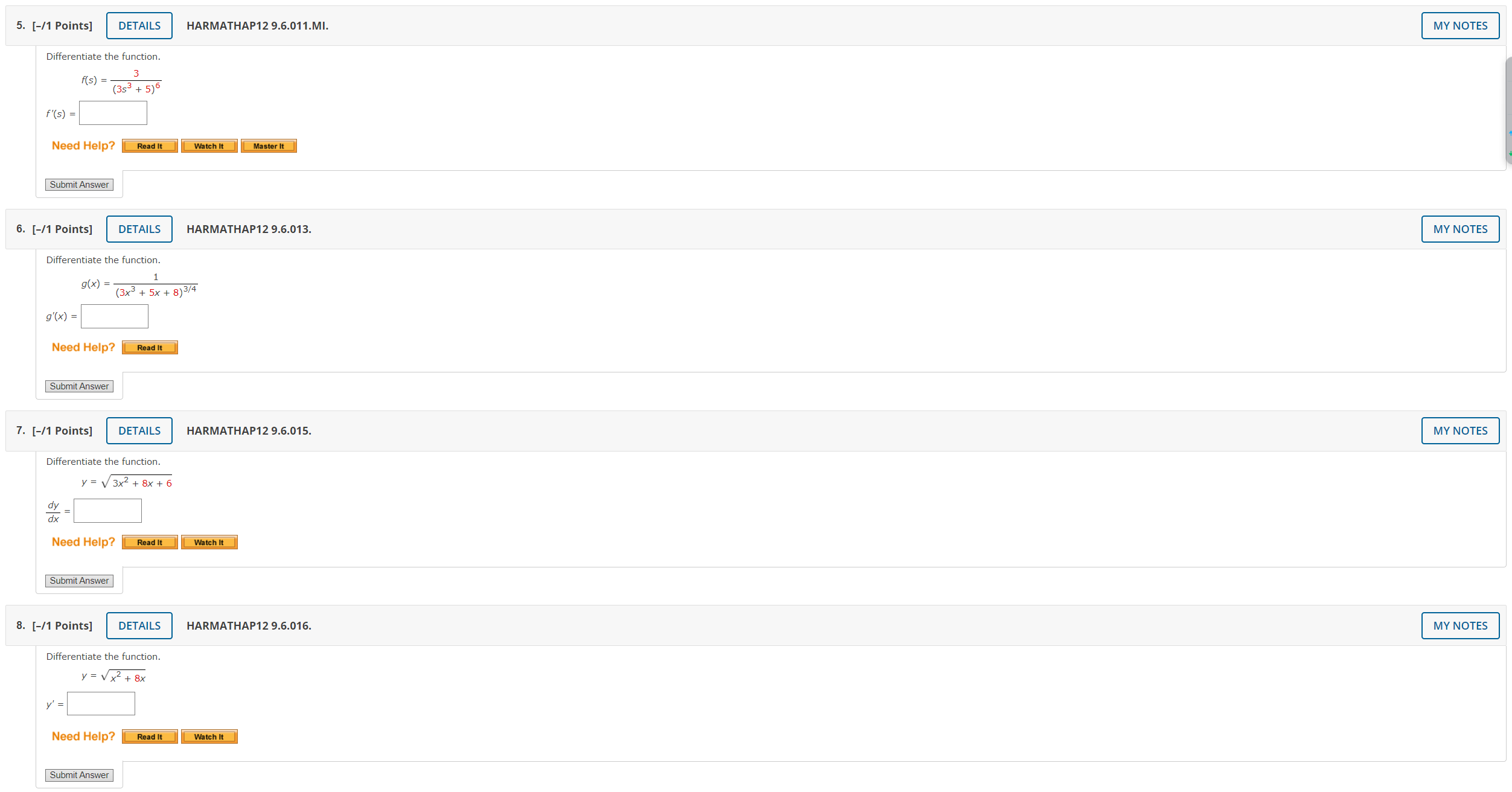 DETAILS HARMATHAP12 9.6.009. MY NOTES Differentiate the function. g (x) = (x5