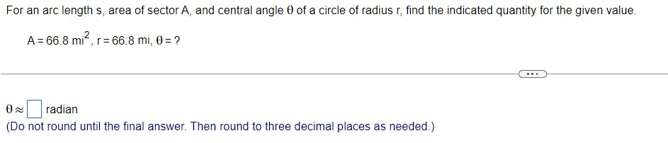 area of sector A, and central angle 0 of a circle of